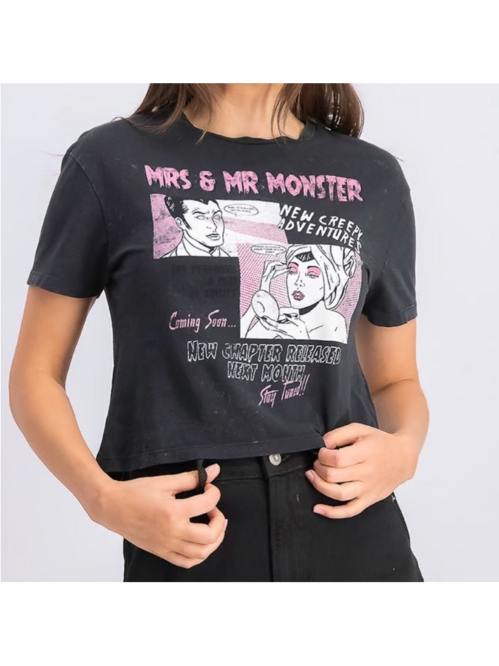 Bershka Mrs and Mr Monster Comic Graphic Cropped Crew Neck Tee